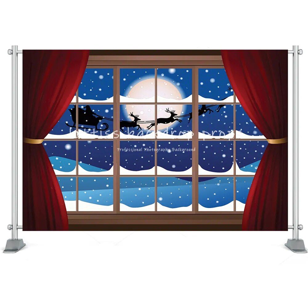 Christmas Santa Backdrop Flying to the Moon Window Snow Tree Street Backdrop Night Sky Reinder Snow Background Photobooth