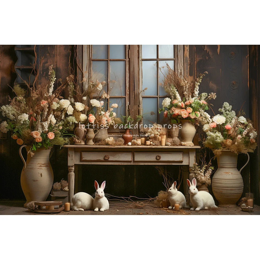 Easter Bunny On Windows With Large Flowers Backdrops Kids Baby Photocall Child Adult Photocall Spring Floral Eggs Backgrounds