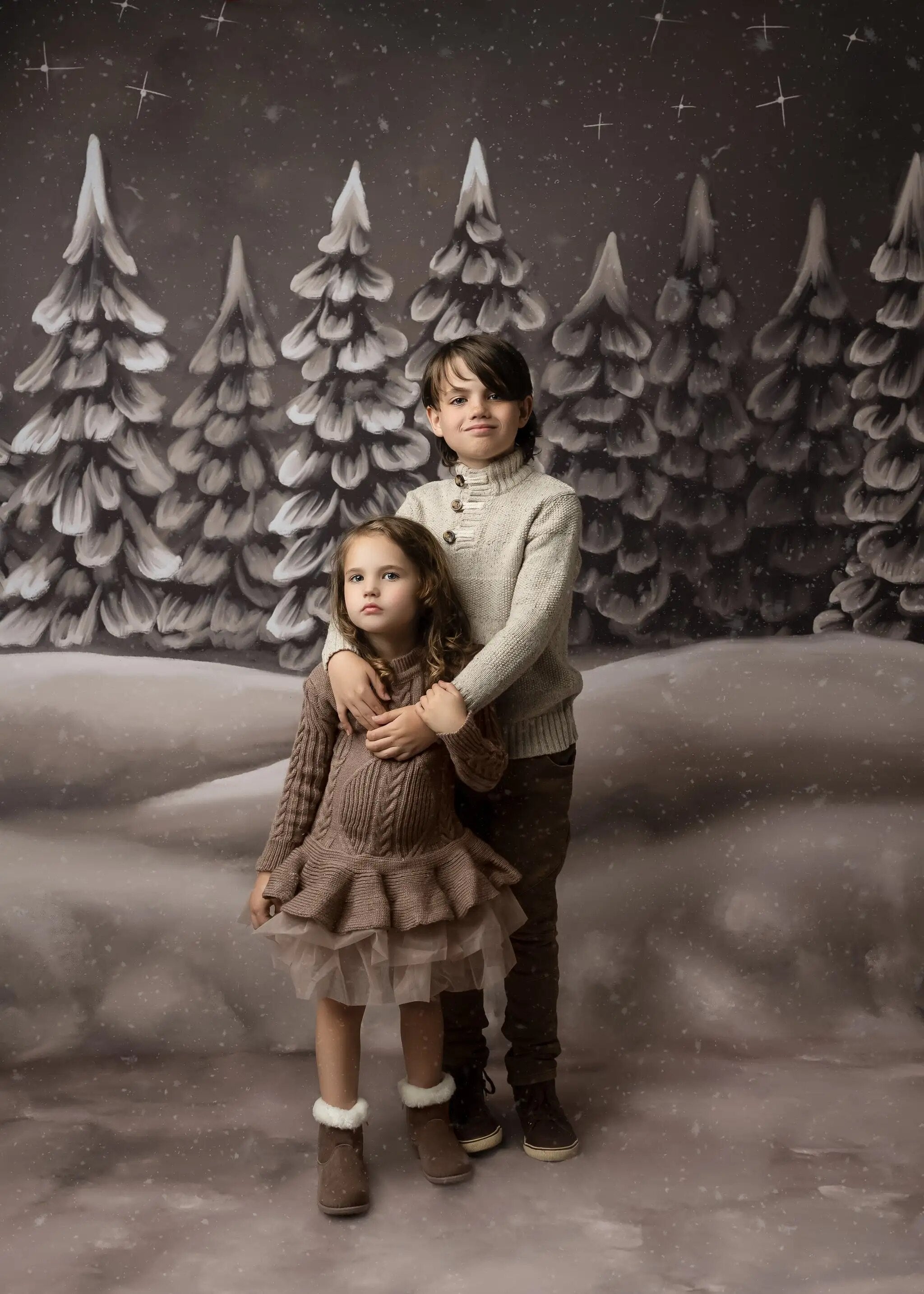 Arrière-plan de forêt de cacao d'hiver, photographie de Portrait d'enfant et adulte pour studio photo, flocon de neige, arrière-plan d'arbres enneigés de noël 