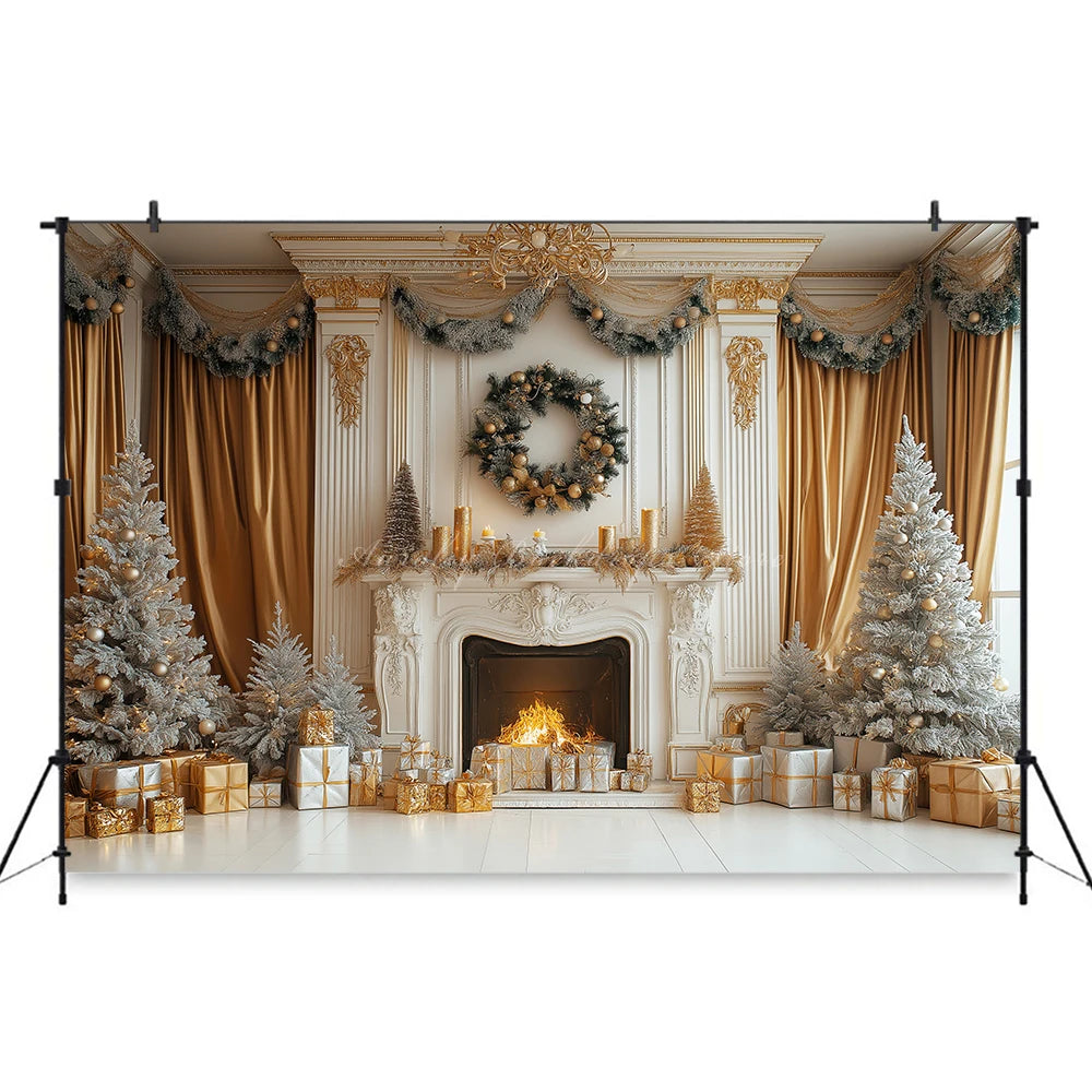 Christmas Backdrop with Fireplace and Large Window Baby Kids Portrait Family Party Photocall Photograhy Background Birthday Prop