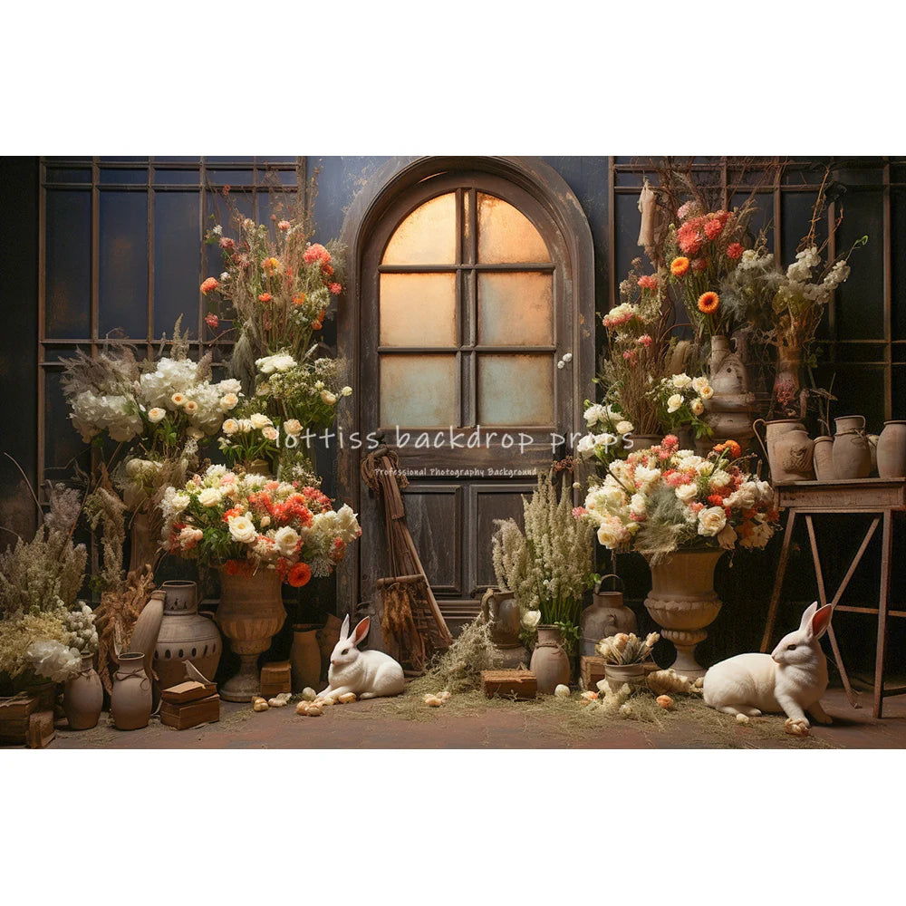 Easter Rustic Wooden Door With Bunnies Eggs And Flowers Backdrops Kids Baby Photography Child Adult Photocall Spring Backgrounds