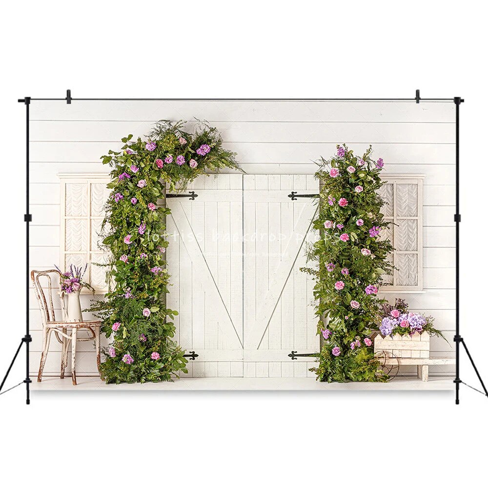 Spring Florists Greetings Backdrops Kids Gril Photography Props Child Adult Photocall Decors Flower Wooden Door Background