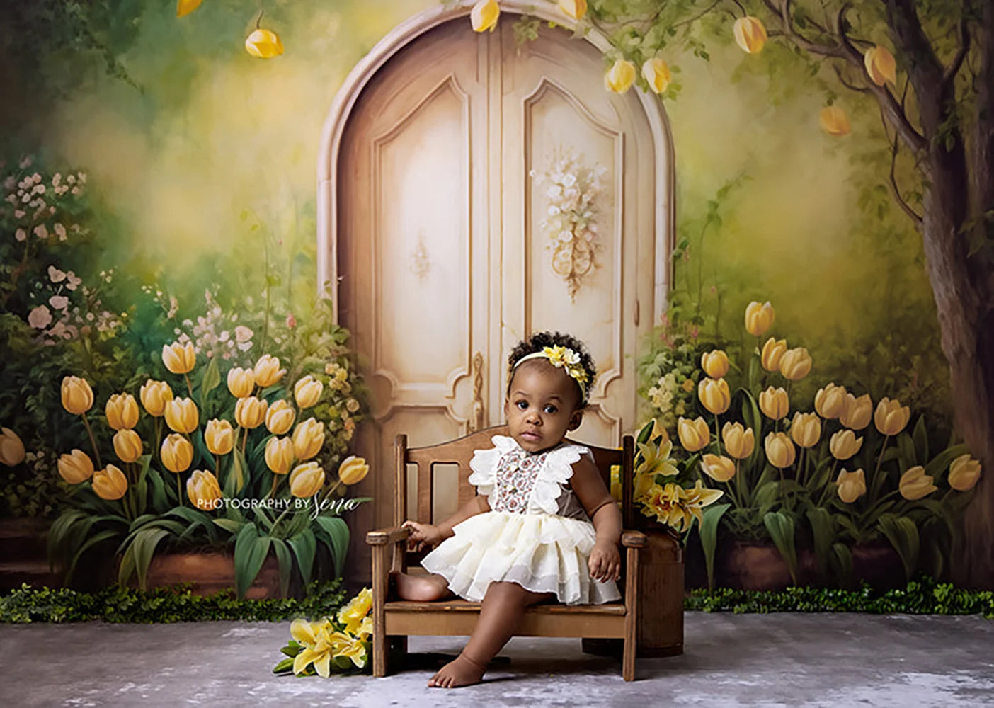 Antique Spring Door Backdrops Kids Baby Birthday Cake Smash Props Yellow Floral Garden Entrance Backgrounds