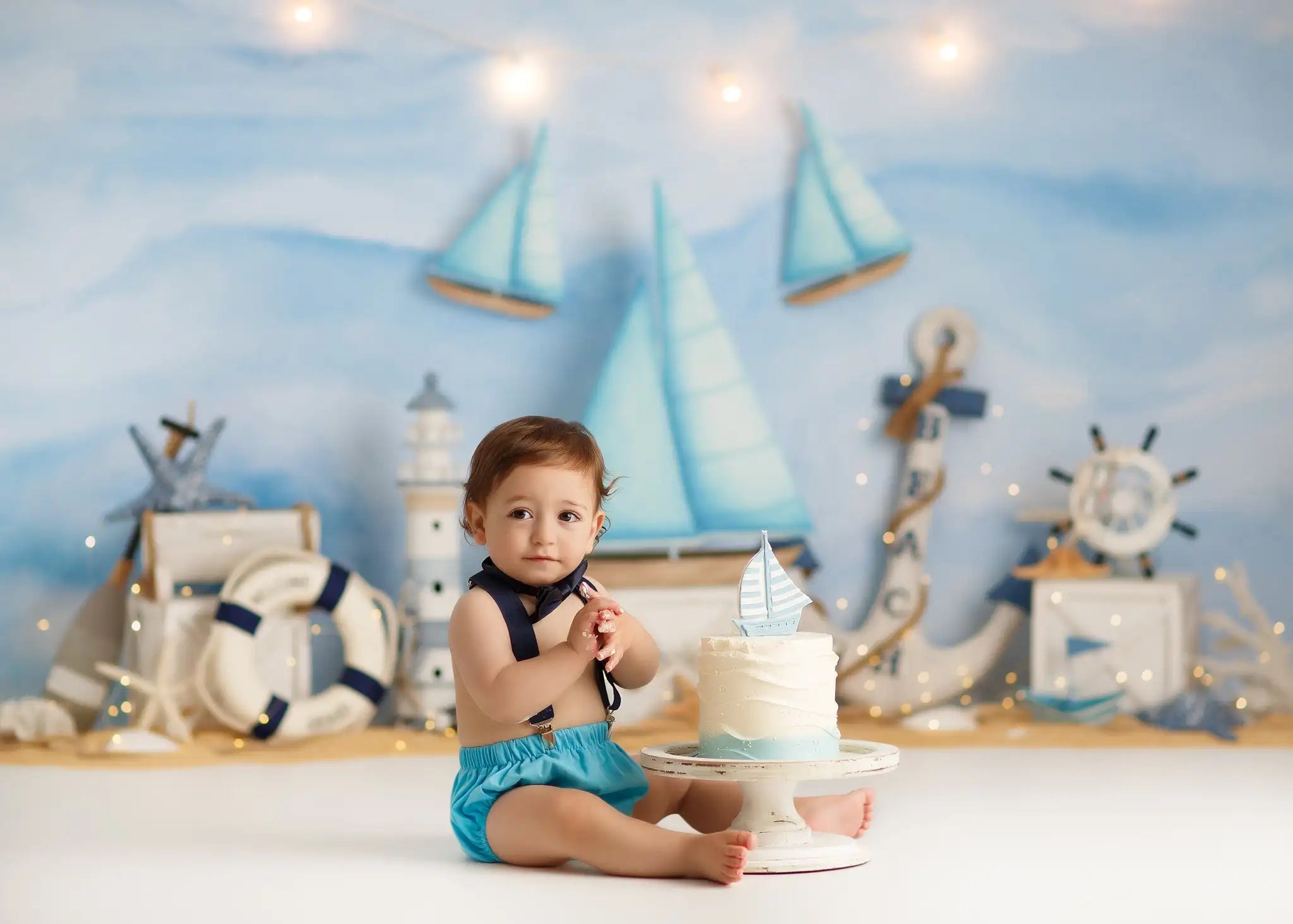 Sail Boat Blues Photography Backdrop Kids Baby 1st Birthday Photocall Decors Child Boys Adult Cake Smash Photo Backgrounds