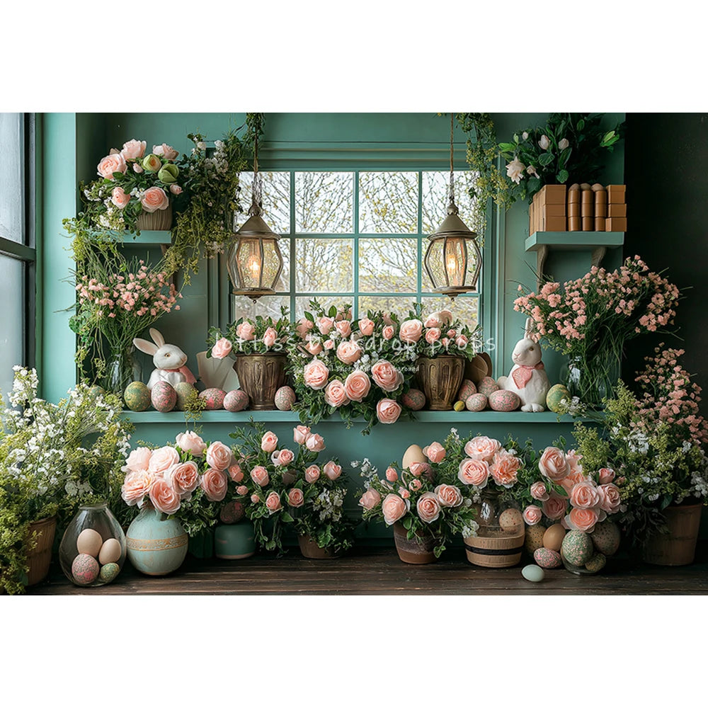 Easter Garden Bunnies Backdrops Kids Baby Birthday Cake Smash Photography Child Adult Photocall Wooden Cottage Floral Background