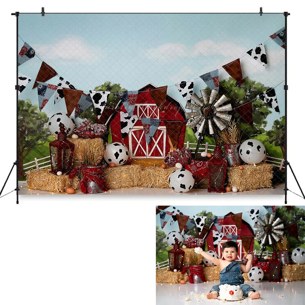 Farm Theme Backdrop Red Barn and Cow Kids Baby Cake Smash Photography Props Child Adult 1st Birthday Studio Backgrounds