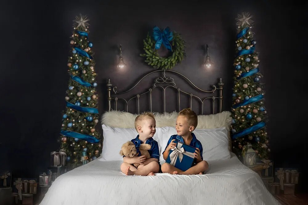 Arrière-plan de tête de lit de noël, bleu, réveillon d'hiver, accessoires de Portrait de famille pour enfants et adultes, décor d'arbres de noël pour studio photo 