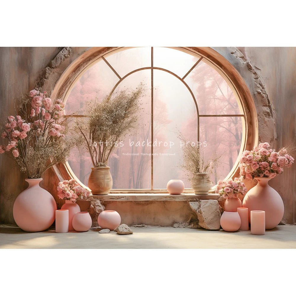 Spring Windows Backdrops Kids Girl Photography Child Adult Photocall Roses Vases Room With Pink Curtains Garden Backgrounds