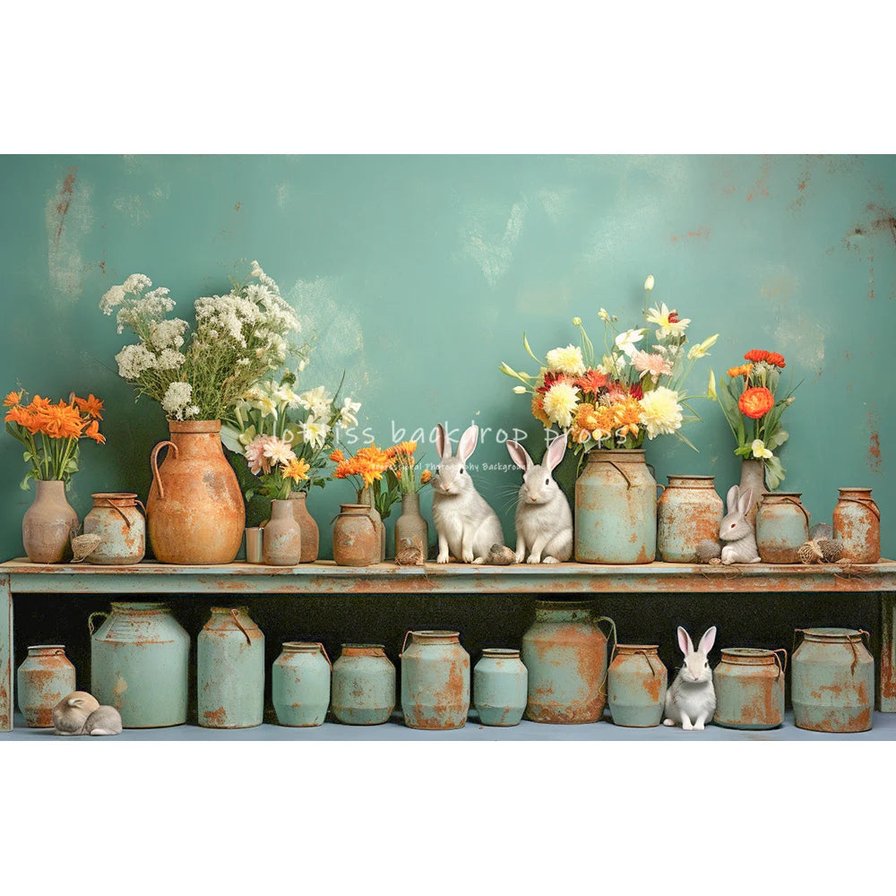 Easter Retro House Bunny Backdrops Kids Baby Photocall Child Adult Photography Spring Floral Vase Backgrounds