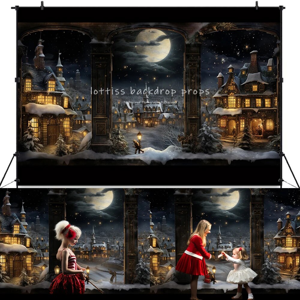 The Night Before Christmas Backdrops Kids Adult Photography Props Child Baby Photocall Big Moon Xmas Trees Fireplace Background