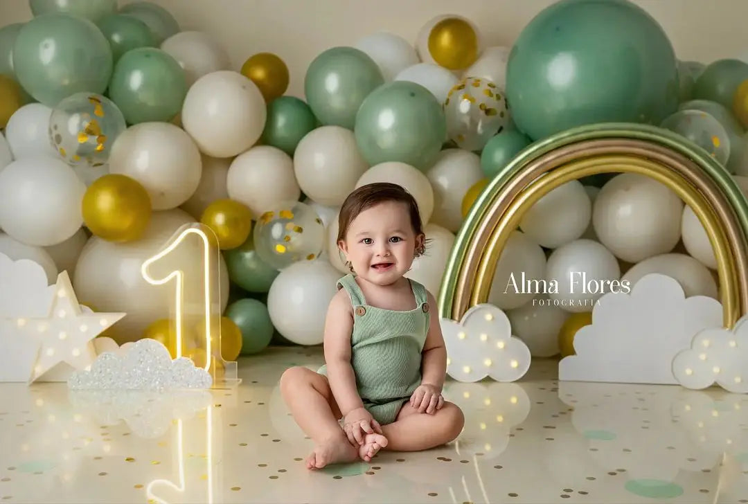 Green Rainbows And Clouds Backdrop Kids Baby Cake Smash Photography Props Child Girls 1st Birthday Studio Backgrounds