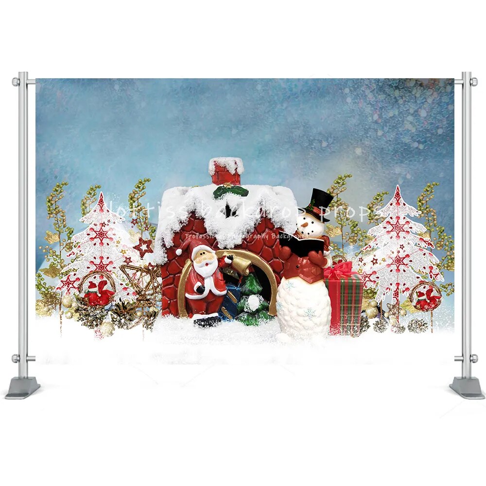 Winter House Backdrop Snow Field Forest Christmas Santa Claus Tree Farm Kids Bbay Family Portrait Photography Background