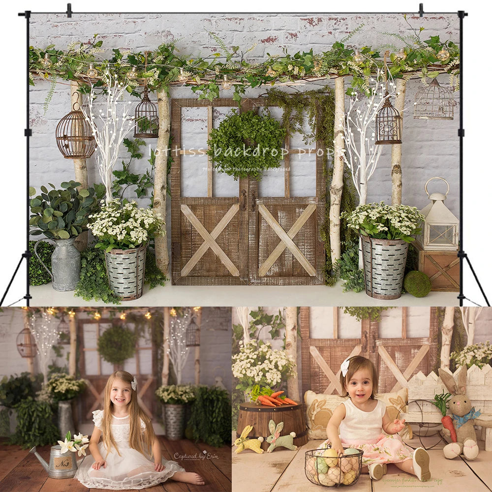 Spring Terrace Wooden Door Backdrops Kids Baby Photography Props Child Adult Photocall Decors Garden Brick Wall Backgrounds