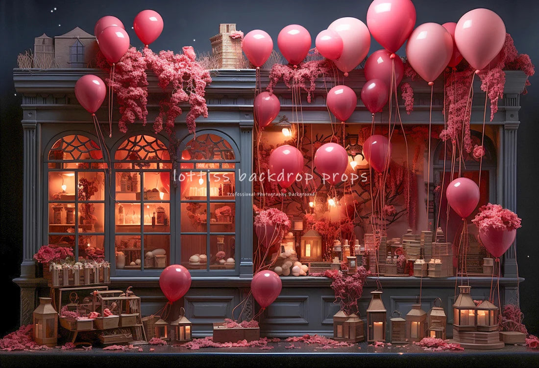 Valentine's Day Store Front Backdrops Kids Girl Photography Props Child Adult Photocall Rose Red Striped Balloon Backgrounds