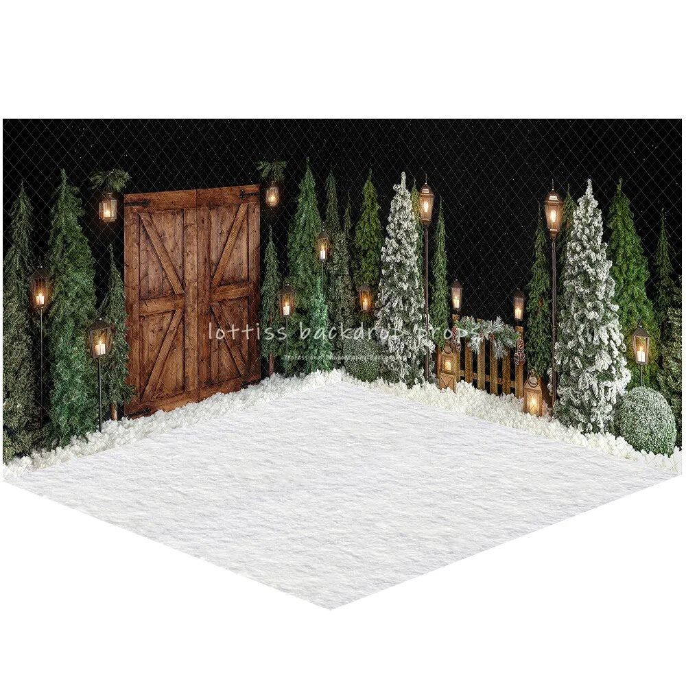 Evening Snowy Winter Barn Door Backdrops Kids Photography Child Baby Photocall Props Christmas Wood Snow Forest Background