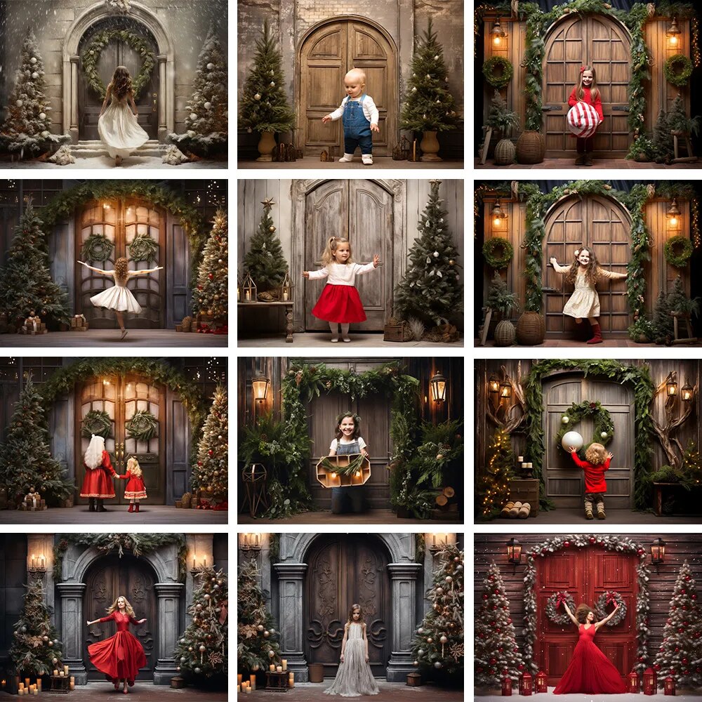 Winter Churchs Medieval Door Backdrops Kids Adult Xmas Photography Props Child Adult Photocall Snowy House Front Background