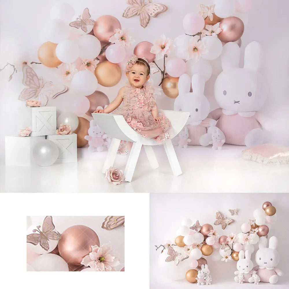 Pink Butterflies and Bunnies Backdrop Balloons Kids Cake Smash Photography Props Child Baby Girls Adult Photocall Backgrounds