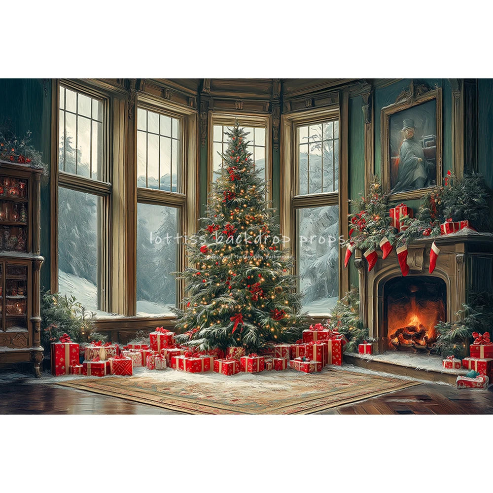 Xmas Window Big Christmas Tree Backdrops Kids Adult Photography Child Baby Photocall Fireplace Backgrounds