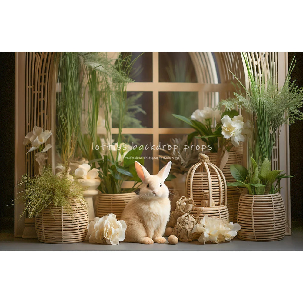 Easter Bunny On Windows With Large Flowers Backdrops Kids Baby Photocall Child Adult Photocall Spring Floral Eggs Backgrounds