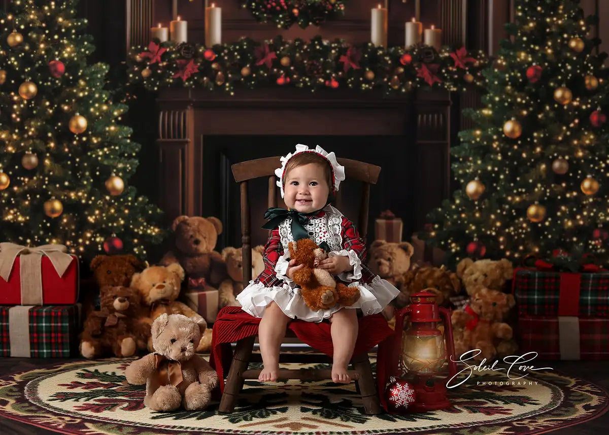 Christmas Little Bear and Fireplace Backdrop Baby Kids Portrait Family Party Photocall Photograhy Studio Background