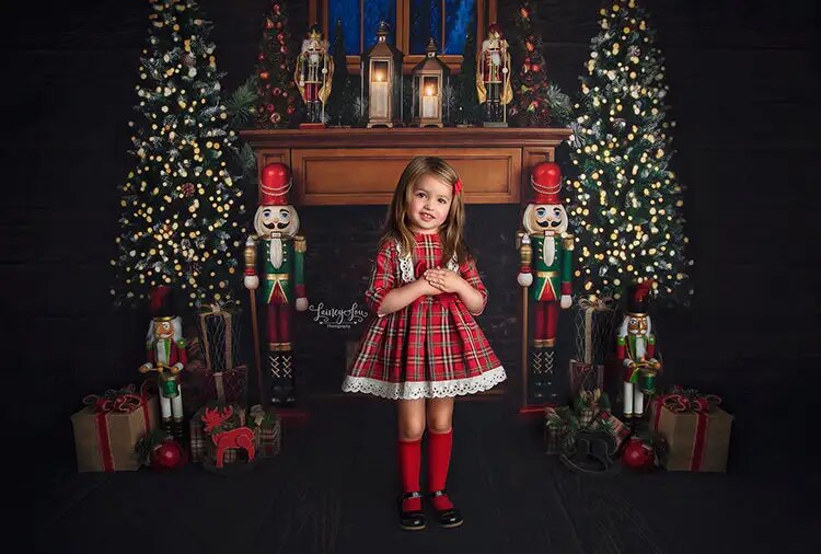 Christmas Fireplace Backdrops Kids Photography Props Child Adult Xmas Trees Evening Window Background