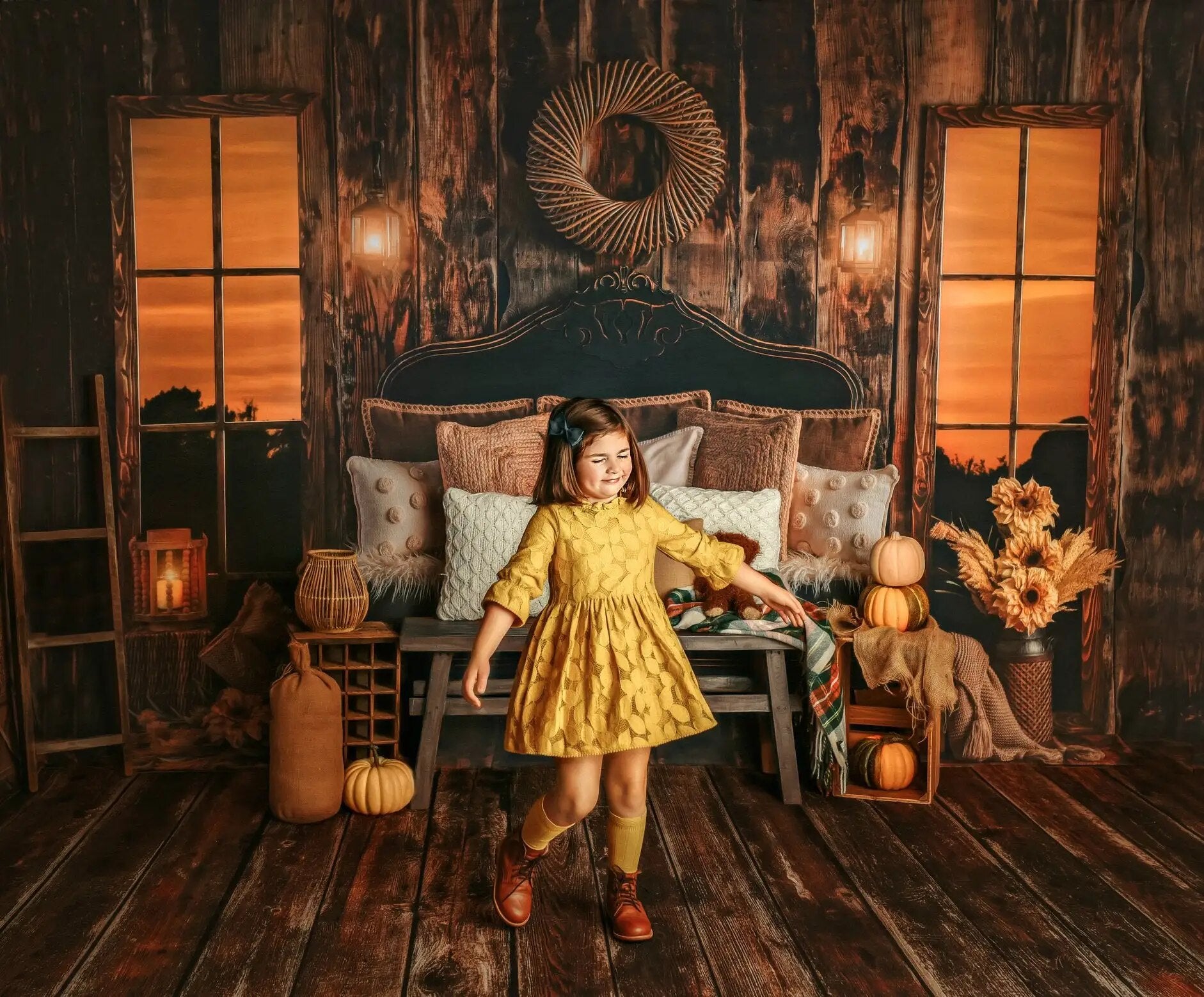 Arrière-plan de tête de lit au coucher du soleil d'automne, accessoires de photographie pour enfants et adultes, décors pour séance photo d'enfant et de bébé, arrière-plan de citrouille d'automne 