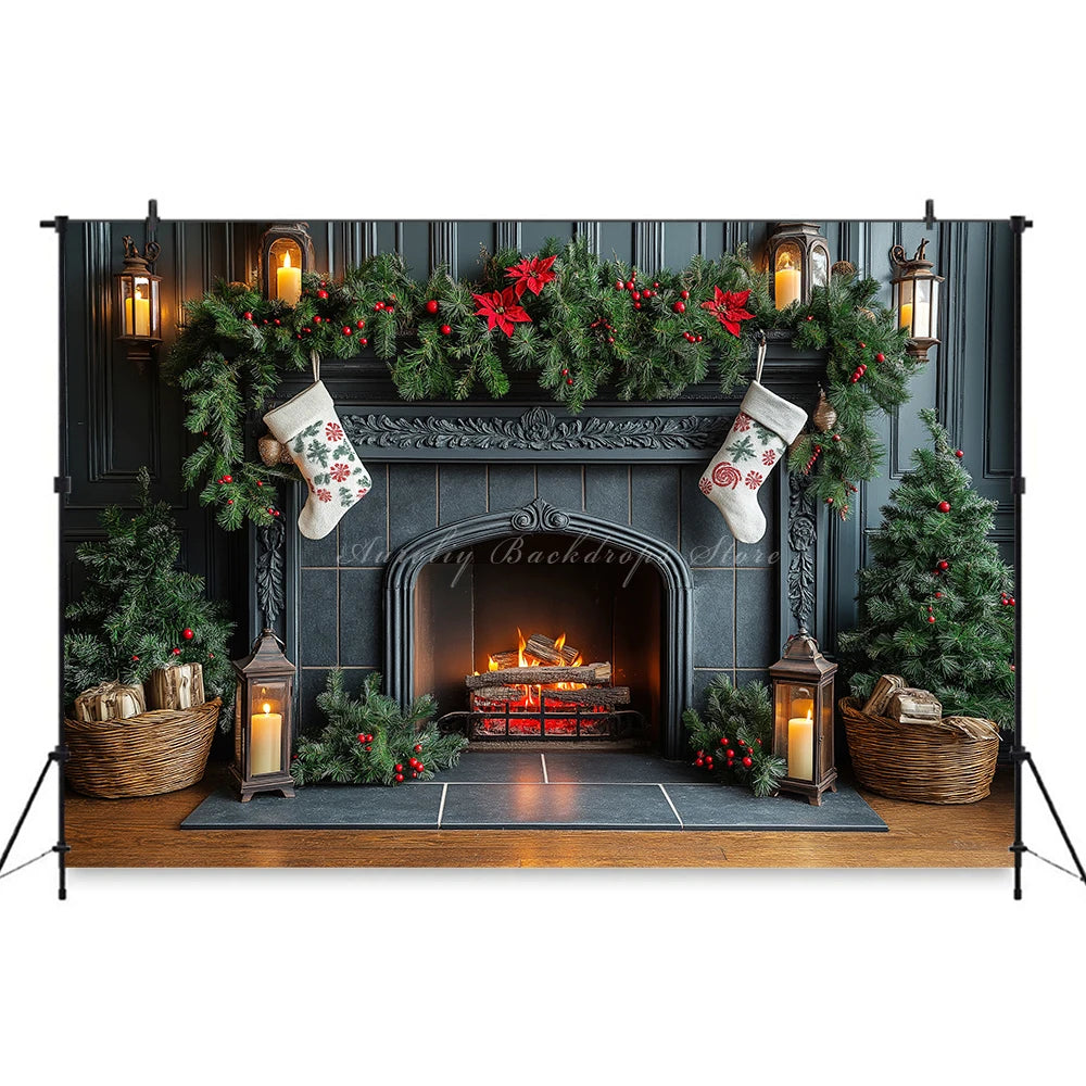 Christmas Fireplace Backdrop Red Drapes And Windows Baby Kids Portrait Family Party Photocall Photograhy Background