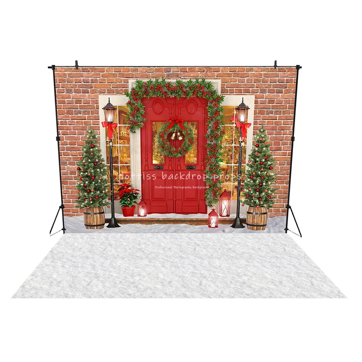 Christmas Brick Wall Red Door Background Family Baby Portrait Props Xmas Trees Snowy Floor Backdrop Adult Baby Photostudio