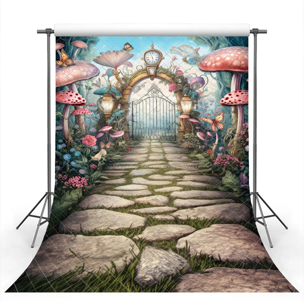 Wonderland Gates Backdrop Mushroom Stone Roads Child Adult Birthday Photo Shoot Background Kids Baby Cake Smash Photography Prop