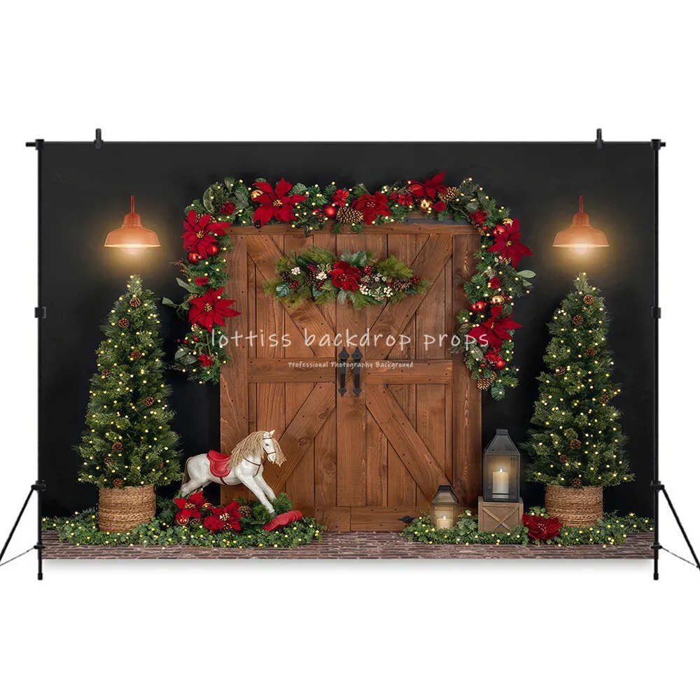 Christmas Barn Door Backdrops Kids Adult Photography Decors Baby Birthday Cake Smash Props Xmas Winter Background