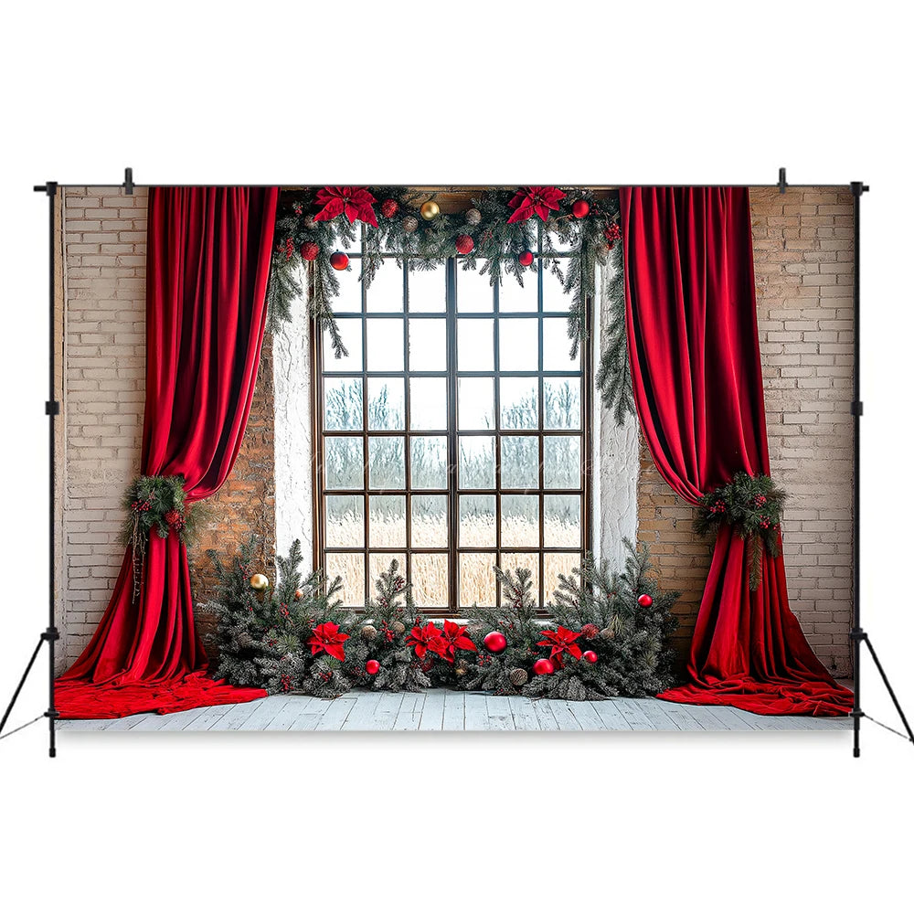 Large Window With Curtains Christmas Photo Backdrop Baby Kids Portrait Family Party Photocall Photograhy Background