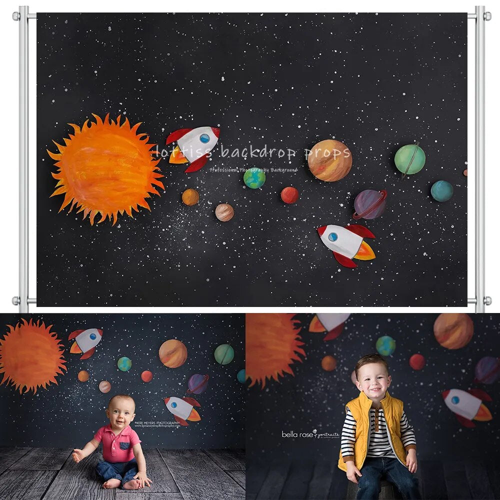 Arrière-plan d'aventurier de l'espace, accessoires de gâteau pour enfants, Portrait d'enfant, fusée, vaisseau spatial, arrière-plan, studio photo d'anniversaire 