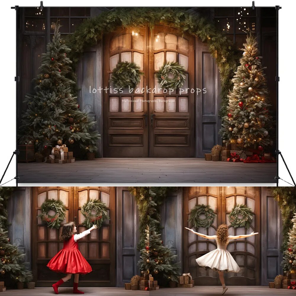 Winter Churchs Medieval Door Backdrops Kids Adult Xmas Photography Props Child Adult Photocall Snowy House Front Background