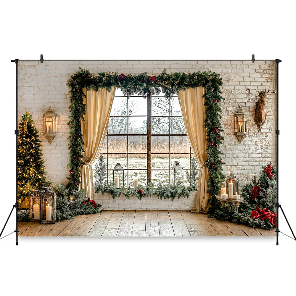 Large Window With Curtains Christmas Photo Backdrop Baby Kids Portrait Family Party Photocall Photograhy Background