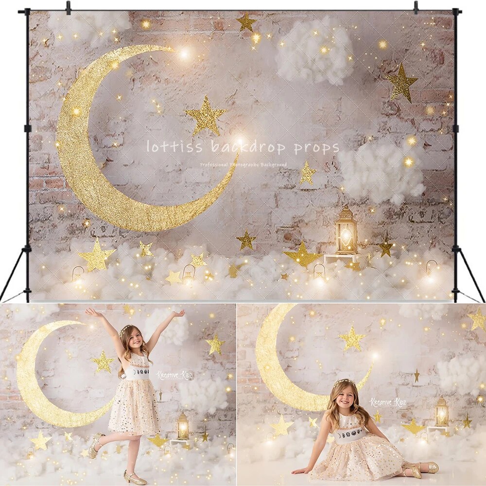 Crescent Moon Backdrops Kids Girl Photography Props Child Baby Cake Smash Birthday Photocall Decors Gold Stars Background