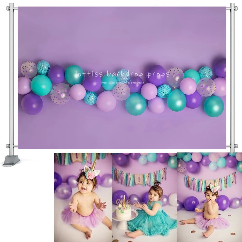 Purple Balloons Backdrops Kids Cake Smash Props Baby Boy Child 1st Birthday Party Background