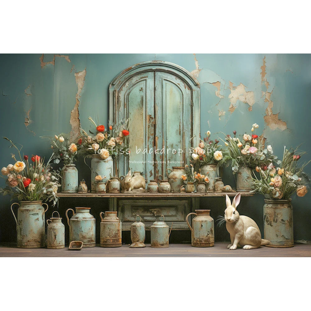 Easter Retro House Bunny Backdrops Kids Baby Photocall Child Adult Photography Spring Floral Vase Backgrounds