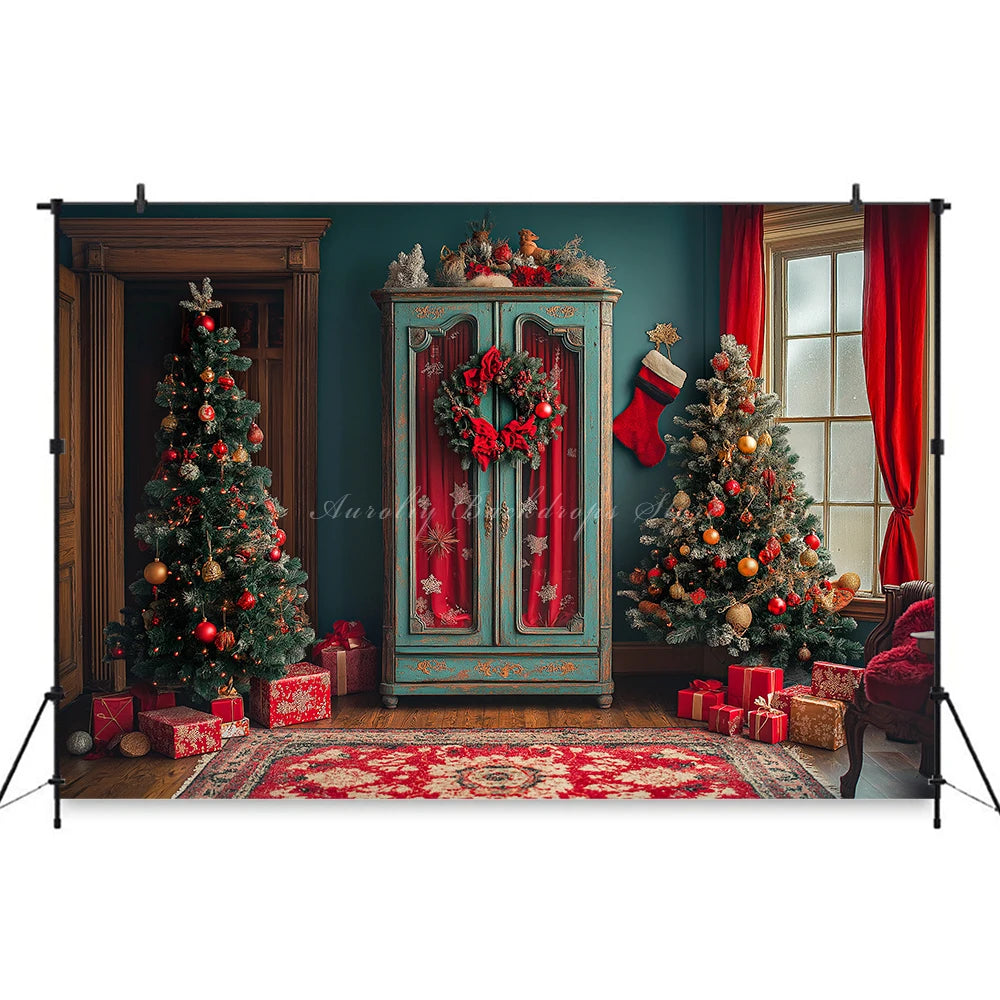 Large Cabinet With Christmas Decorations Photo Backdrop Kids Baby Cake Smash Photography Props Family Party Photocall Background