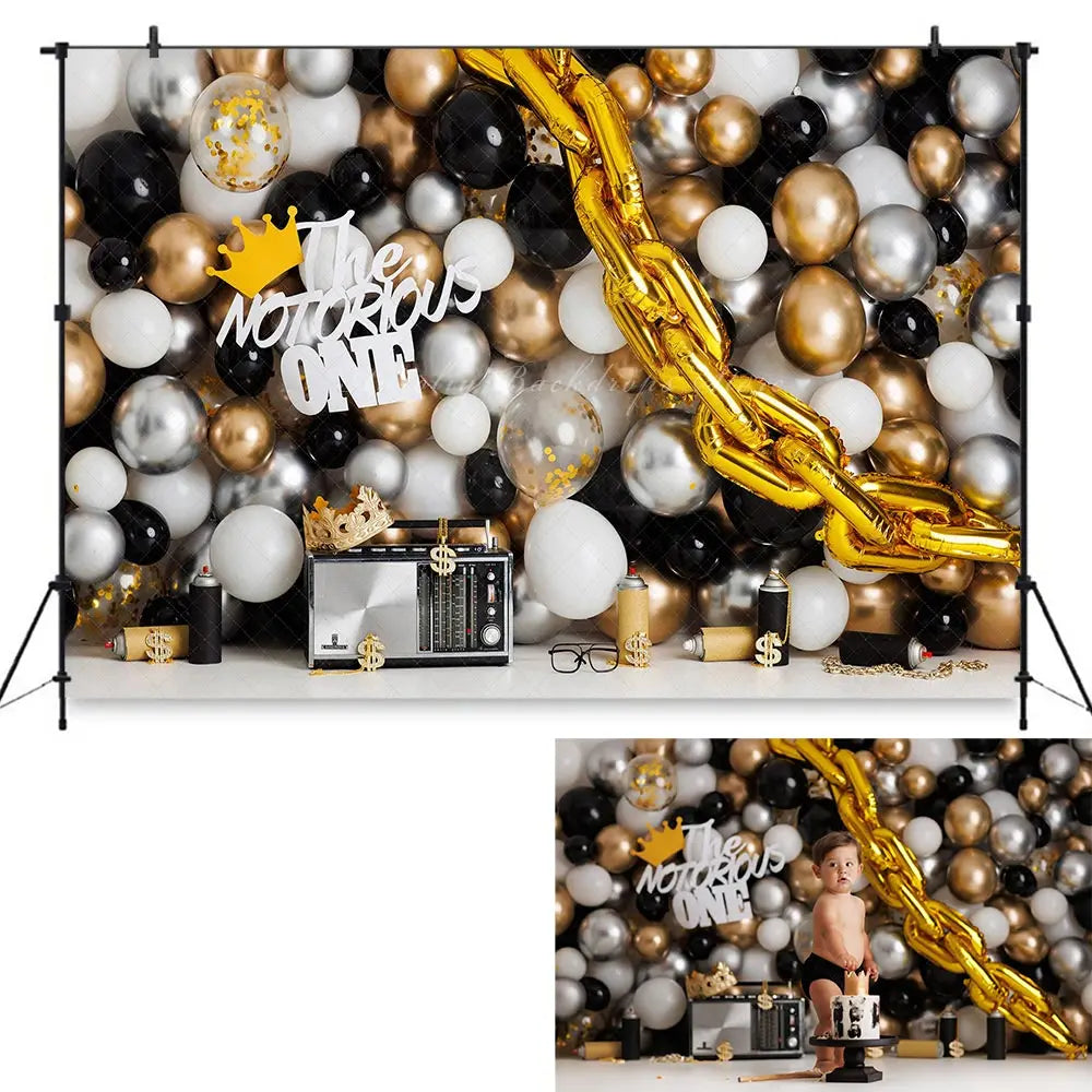 The Notorious One Photo Backdrop Kids Baby Cake Smash Photography Props Balloons Gold Chain Child Adult Birthday Backgrounds