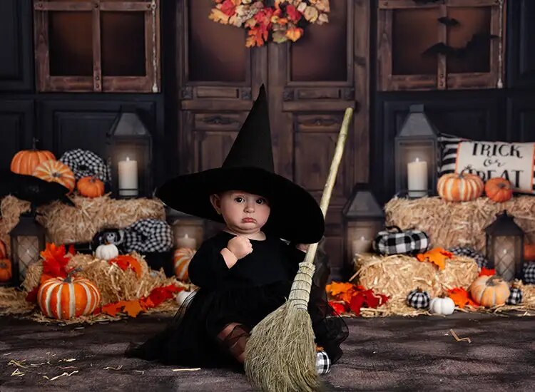 Halloween Porch Backdrops Kids Photography Fall Adult Baby Birthday Cake Smash Pumpkin Lantern Witch Bat Festival Background