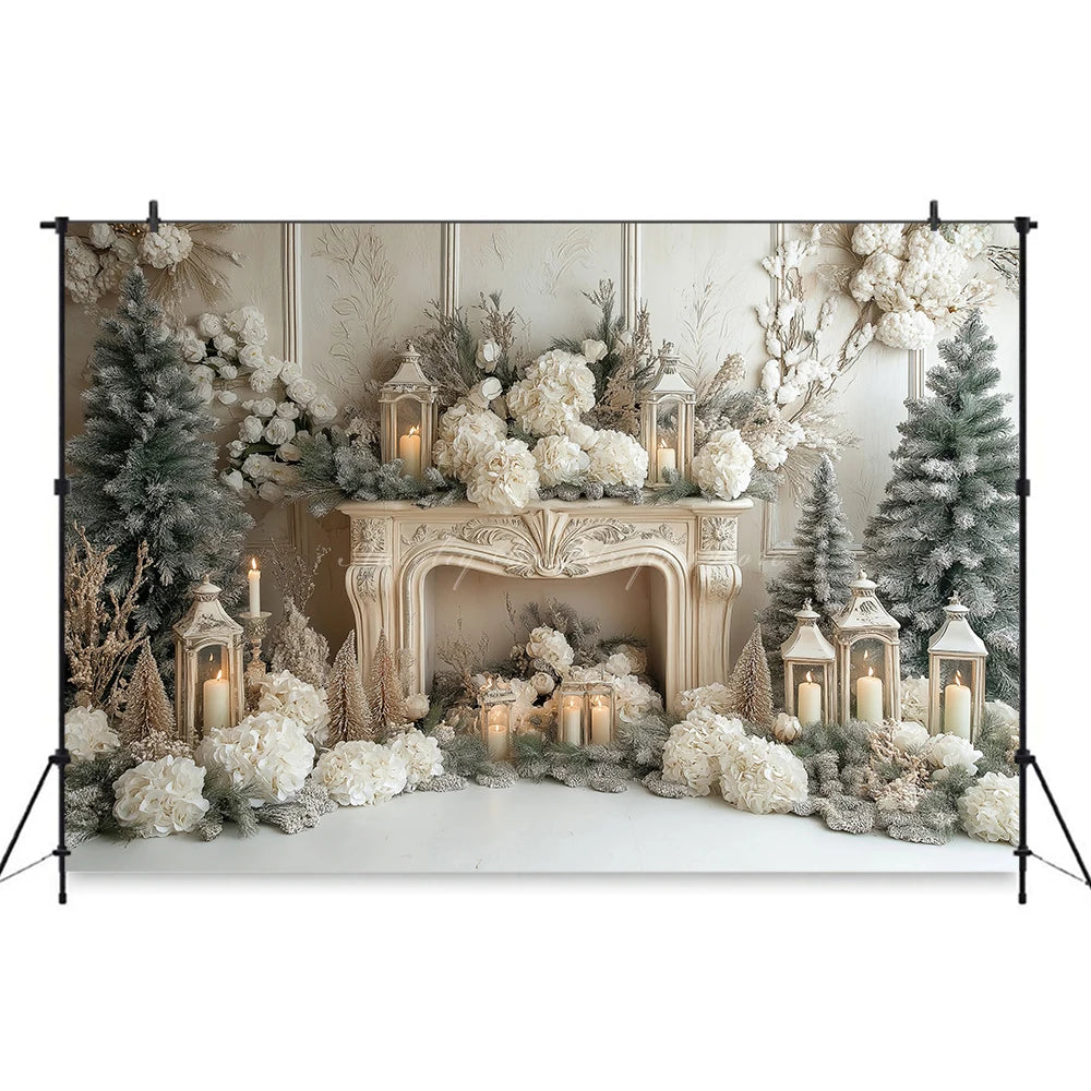 Christmas Backdrop with Fireplace and Xmas Trees Child Baby Birthday Cake Smash Photography Decor Girls Adult Studio Backgrounds