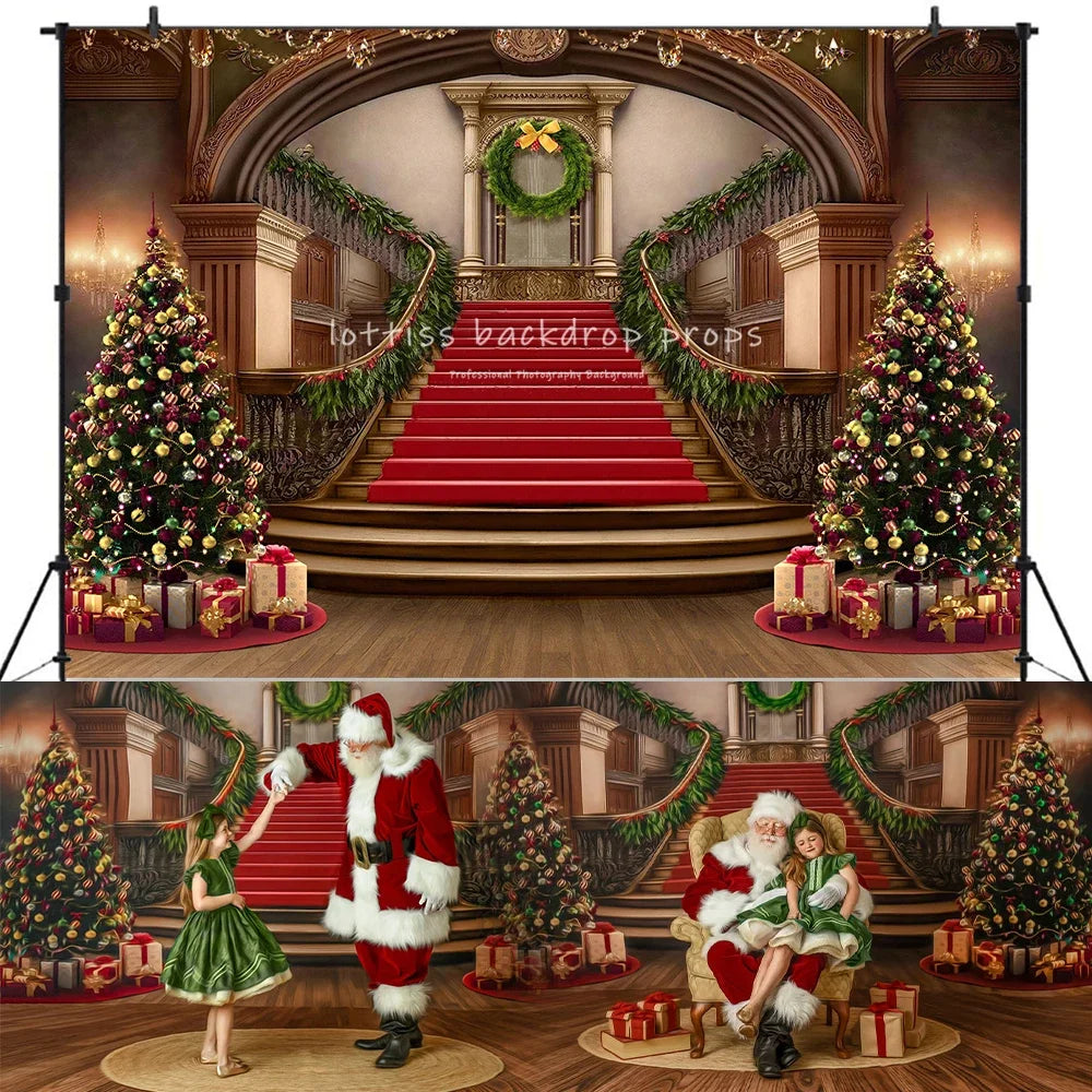 Grand Holiday Staircase Backdrop Christmas Photogrpahy Props Kisd Baby Photocall Props Child Adult Winter Castle Backgorund