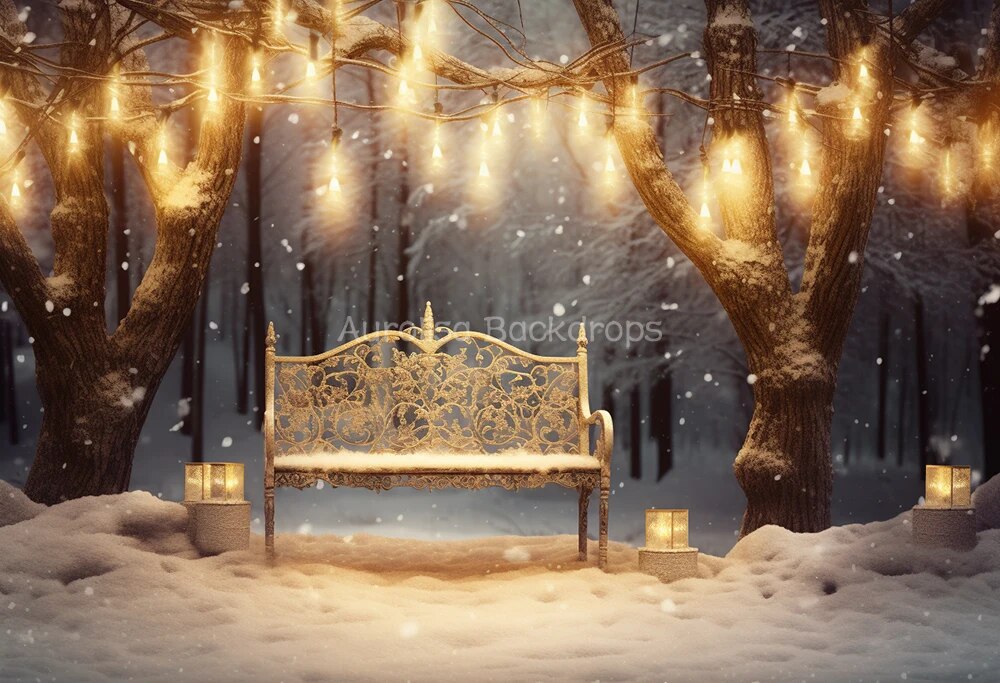 Snowy Park Chair Backdrops Kids Adult Photography Props Child Baby Photocall Decors Snowflake Winter Forest Background