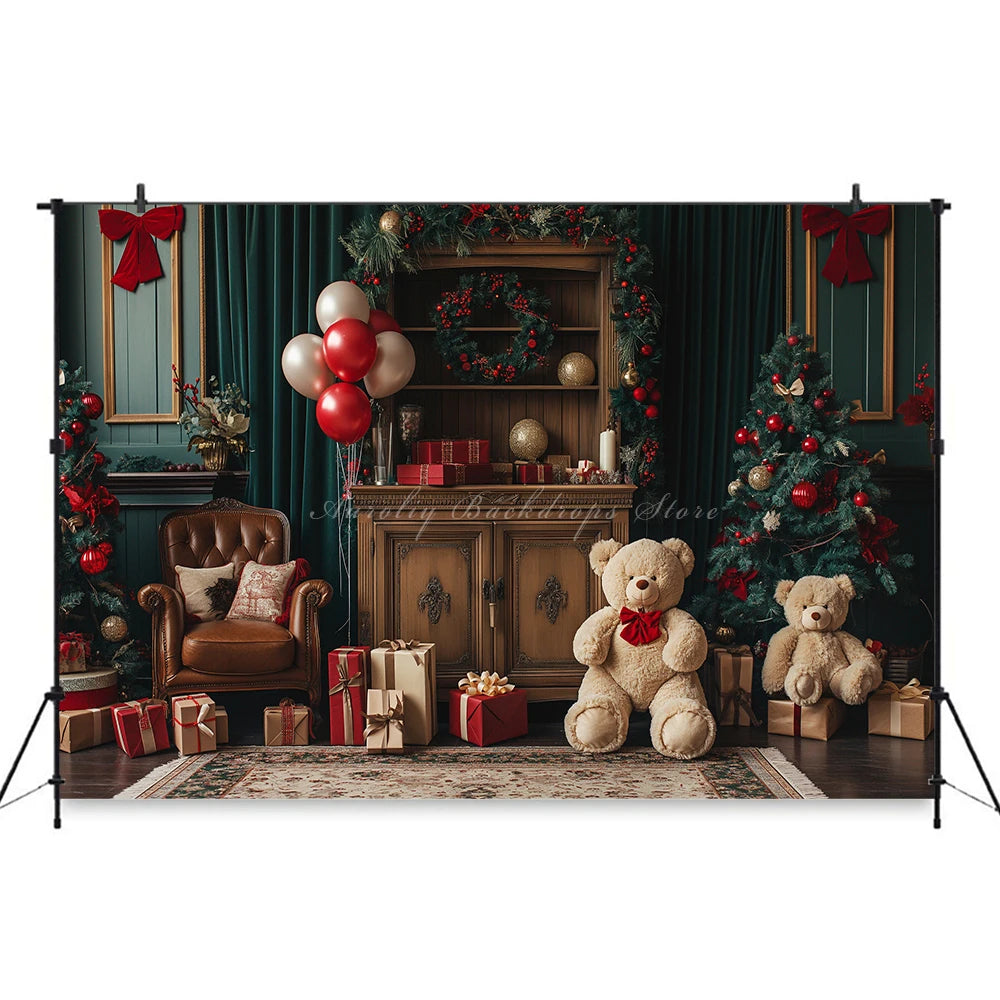 Christmas Theme Little Bear Backdrop Kids Baby Cake Smash Photography Props Fireplace Child Adult Photo Studio Backgrounds