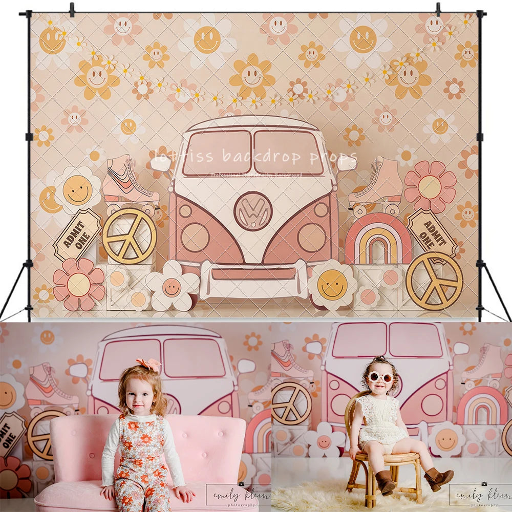 Spring Floral Bus Backdrops Kids Baby Photography Props Child Adult Photocall Decors Flower Cake Smash Birthday Backgrounds