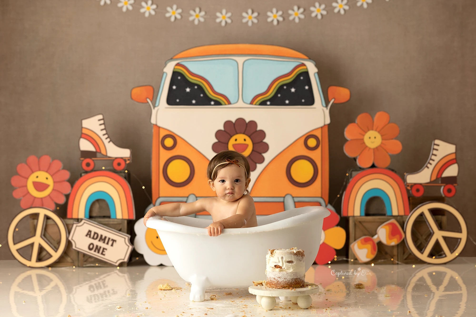 Sunflower Bus Backdrop Child Baby 1st Birthday Photography Props Rainbow Kids Adult Cake Smash Photocall Studio Backgrounds