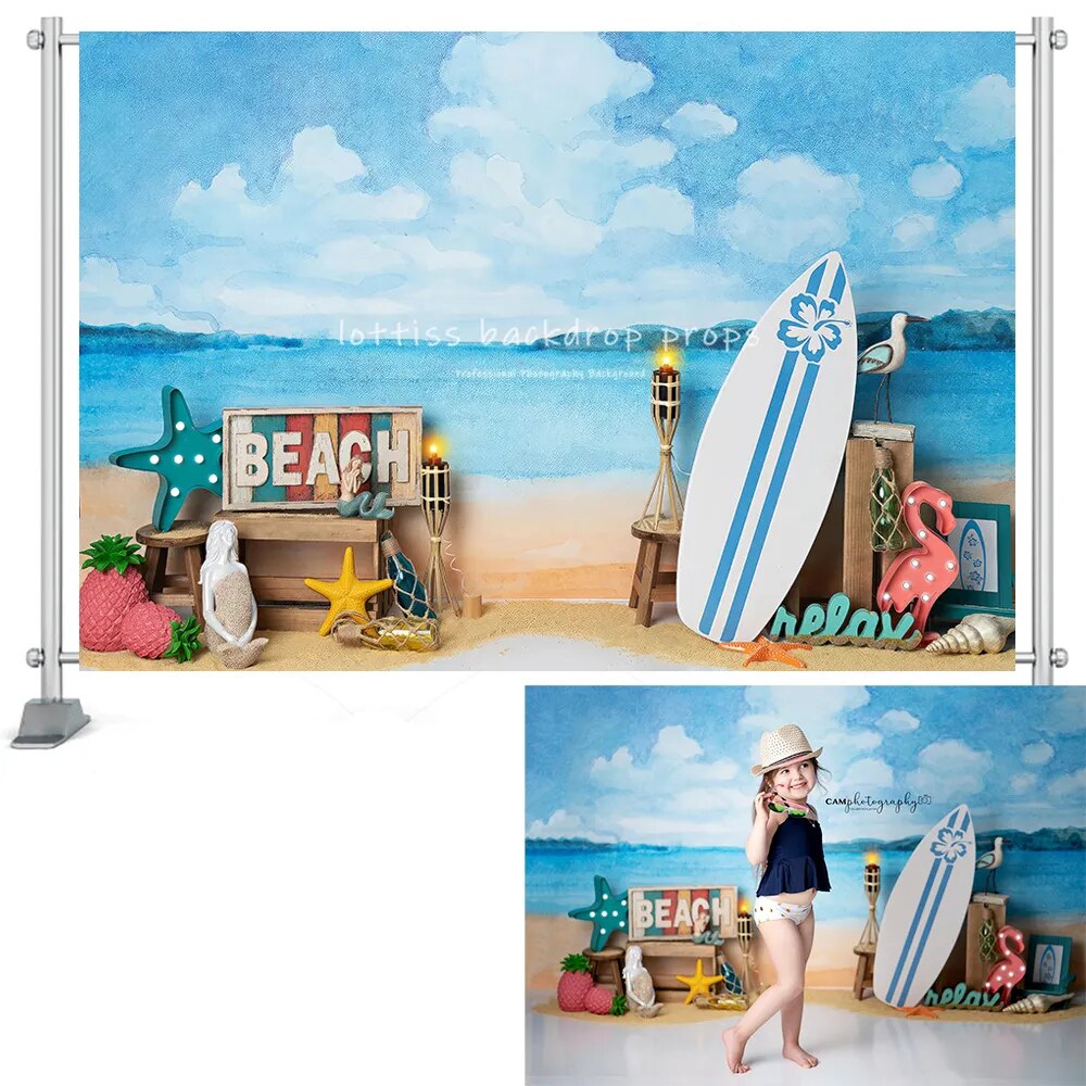 Beach Life Photography Backdrops Summer Adult Kids Cake Smash Photocall Props Surfboard Mermaid Flamingo Seaside Background