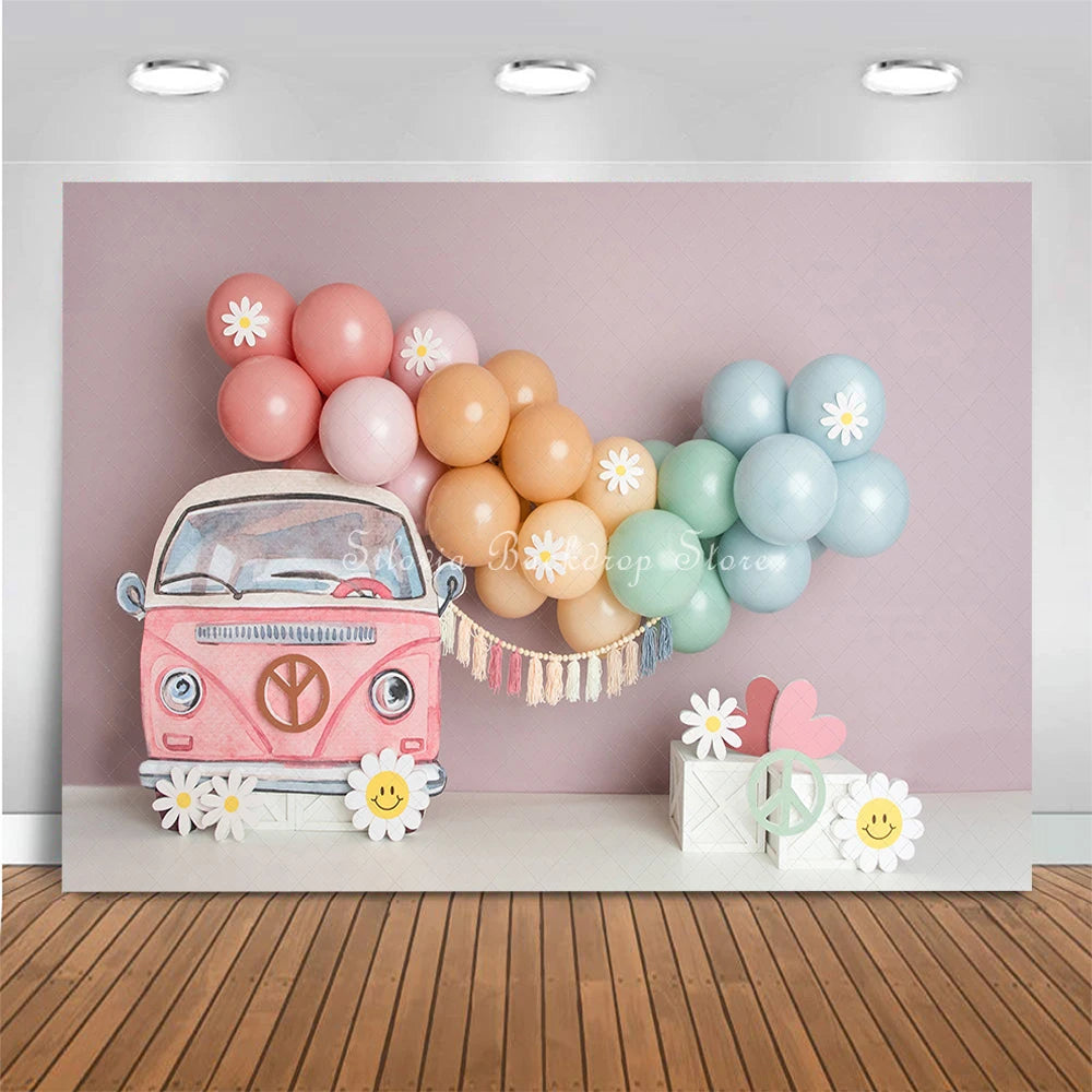 Groovy Cute Pink Truck Balloon Photo Background Girl Birthday Cake Smash Photography Backdrop White Daisy Photo Studio Props