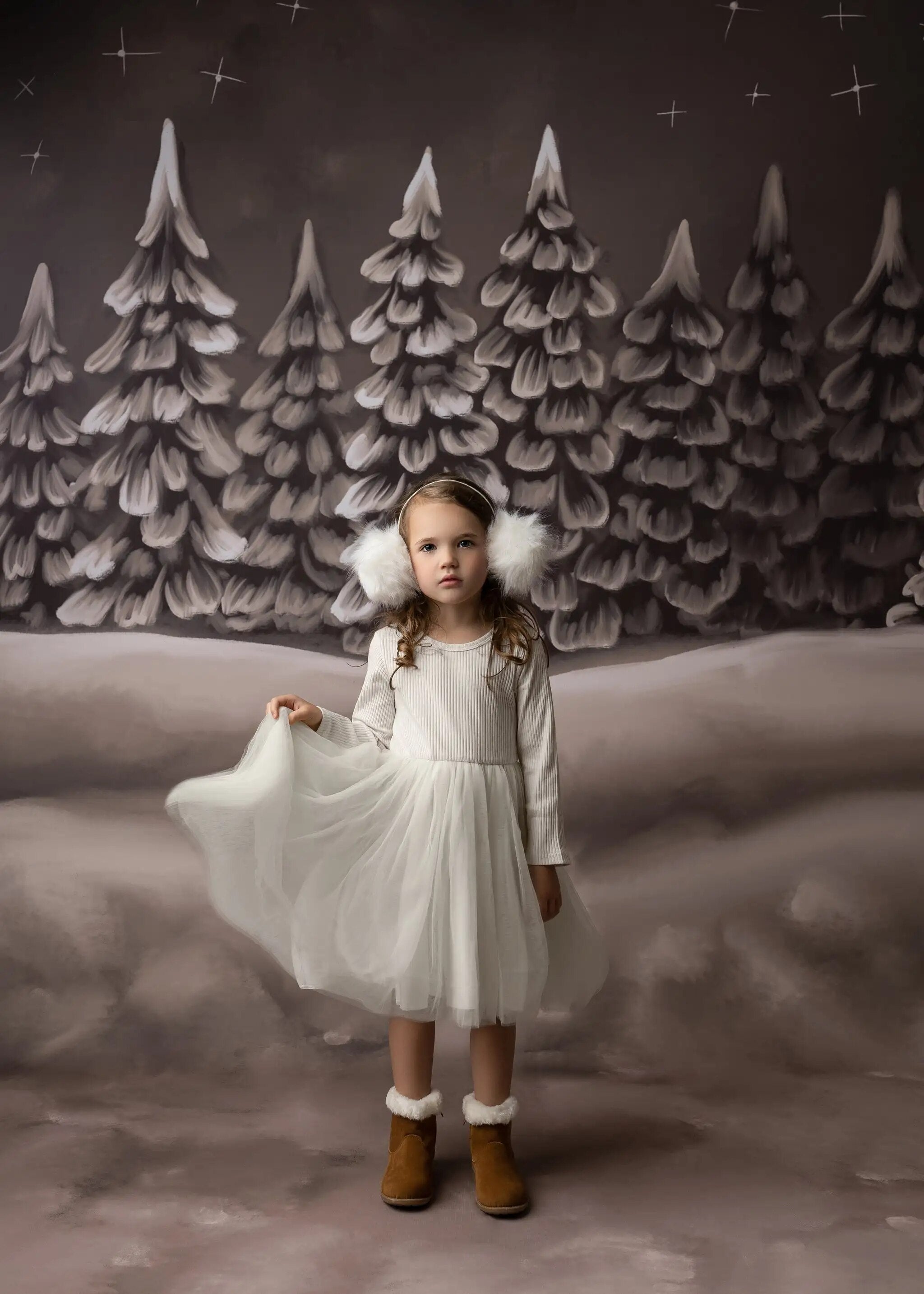 Arrière-plan de forêt de cacao d'hiver, photographie de Portrait d'enfant et adulte pour studio photo, flocon de neige, arrière-plan d'arbres enneigés de noël 