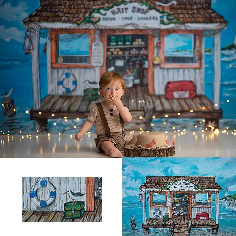 Fishing Gear Store Backdrop Kids Baby Birthday Photography Props Seaside Fishing Child Adult Photo Shoot Backgrounds